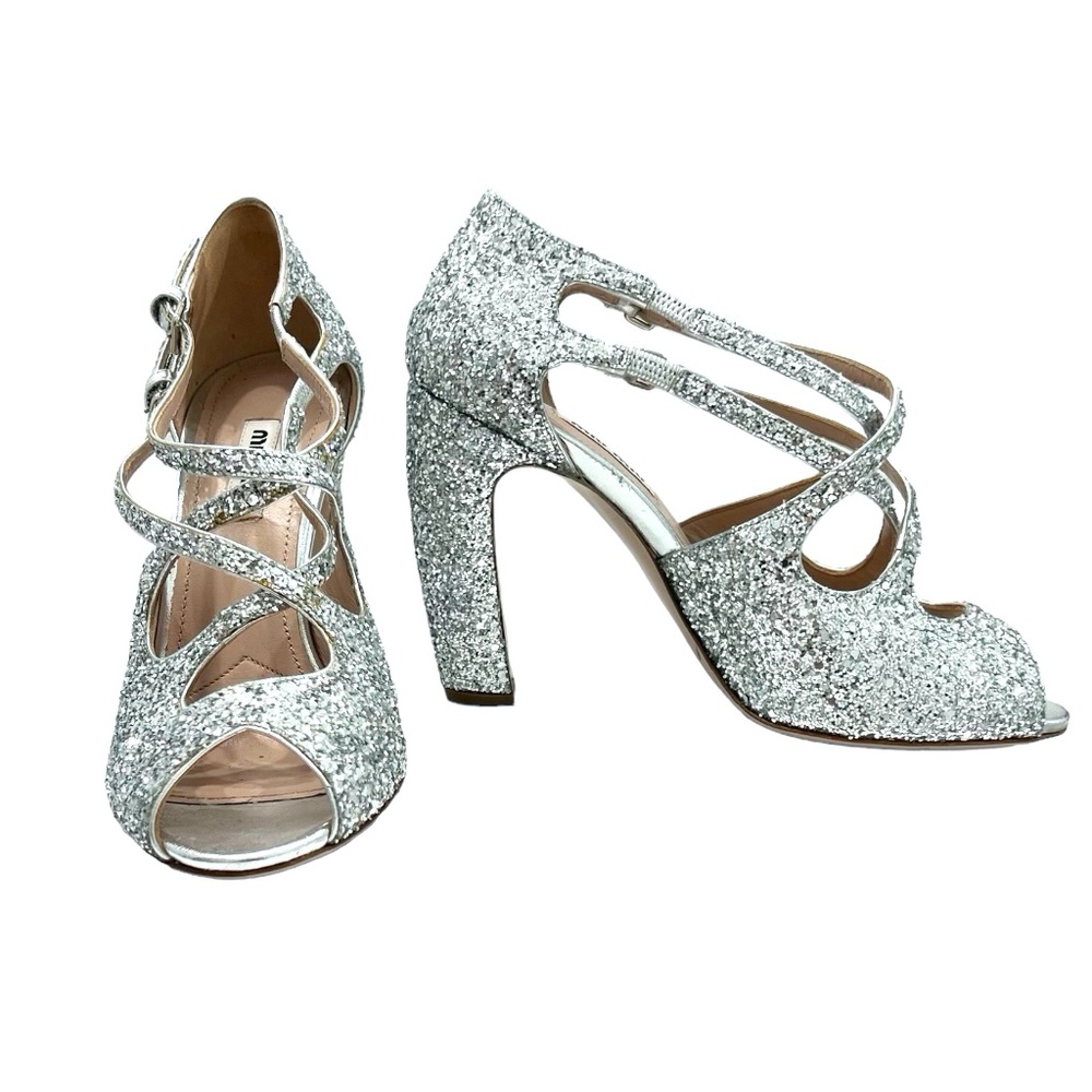 MIU MIU SILVER GLITTER OPEN TOE 2 STRAP CRISS CROSS 4" HEEL SANDALS